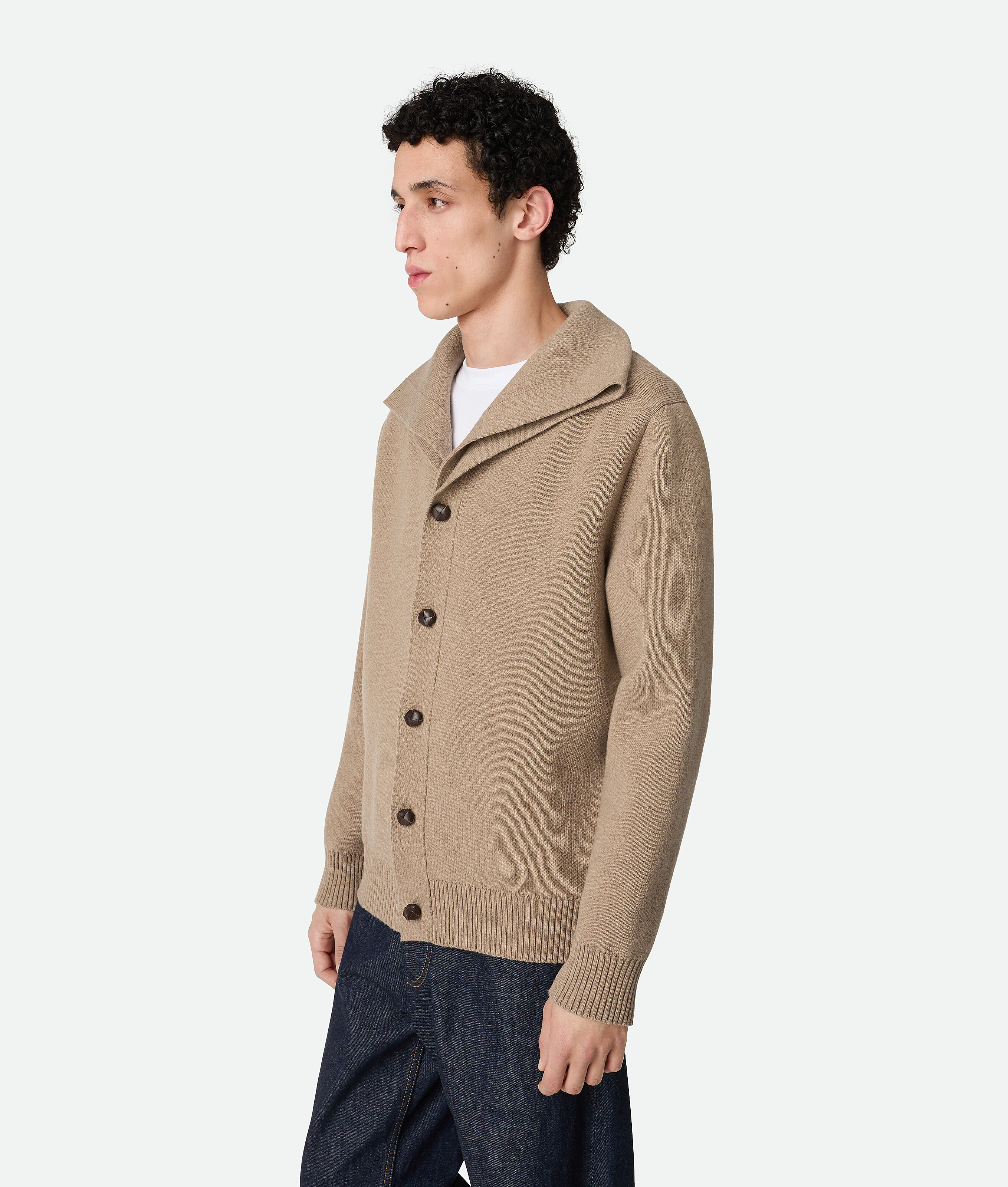 Bottega Veneta Wool Cardigan With Folded Collar And Ribbed Cuffs In Neutral