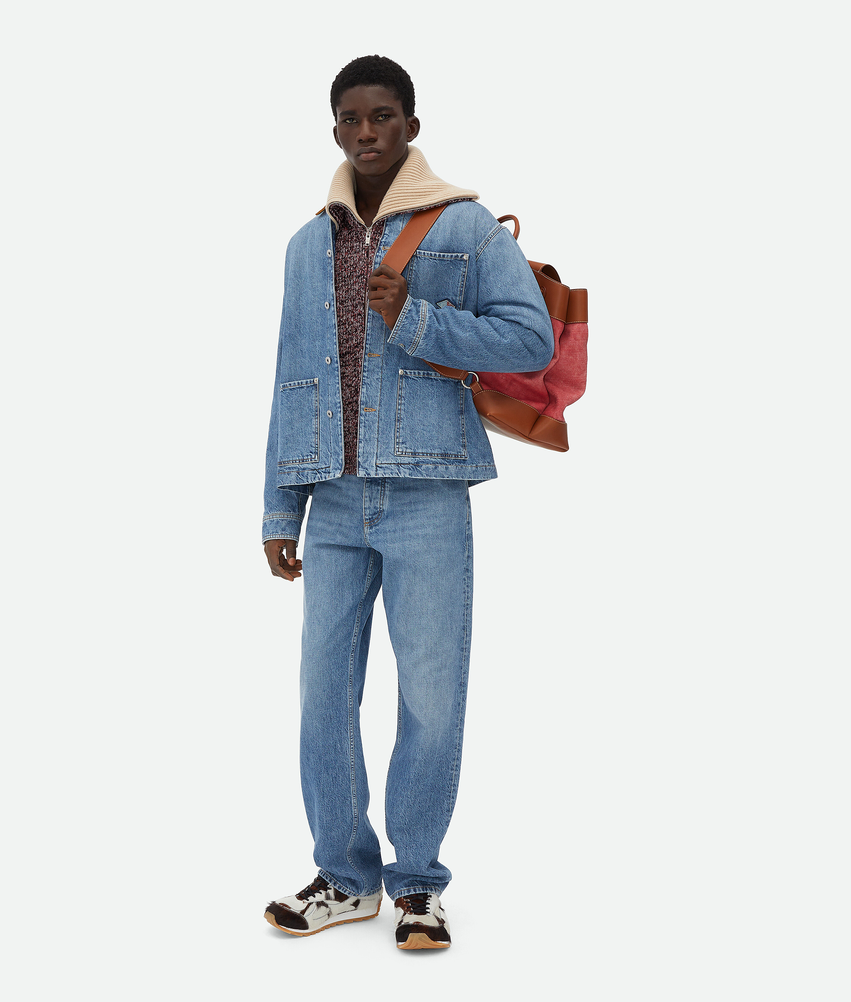 Bottega Veneta Men Blue Jacket With Suede Collar And Logo Patch In Denim Man