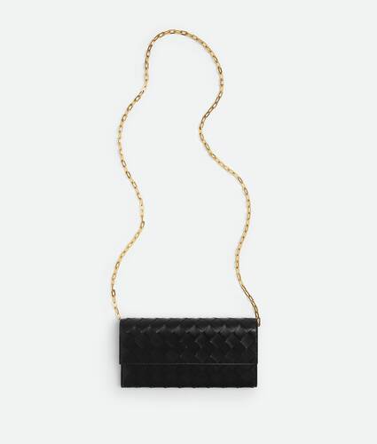 Bottega Veneta Baguette Pochette On Chain In Black - Black & Gold