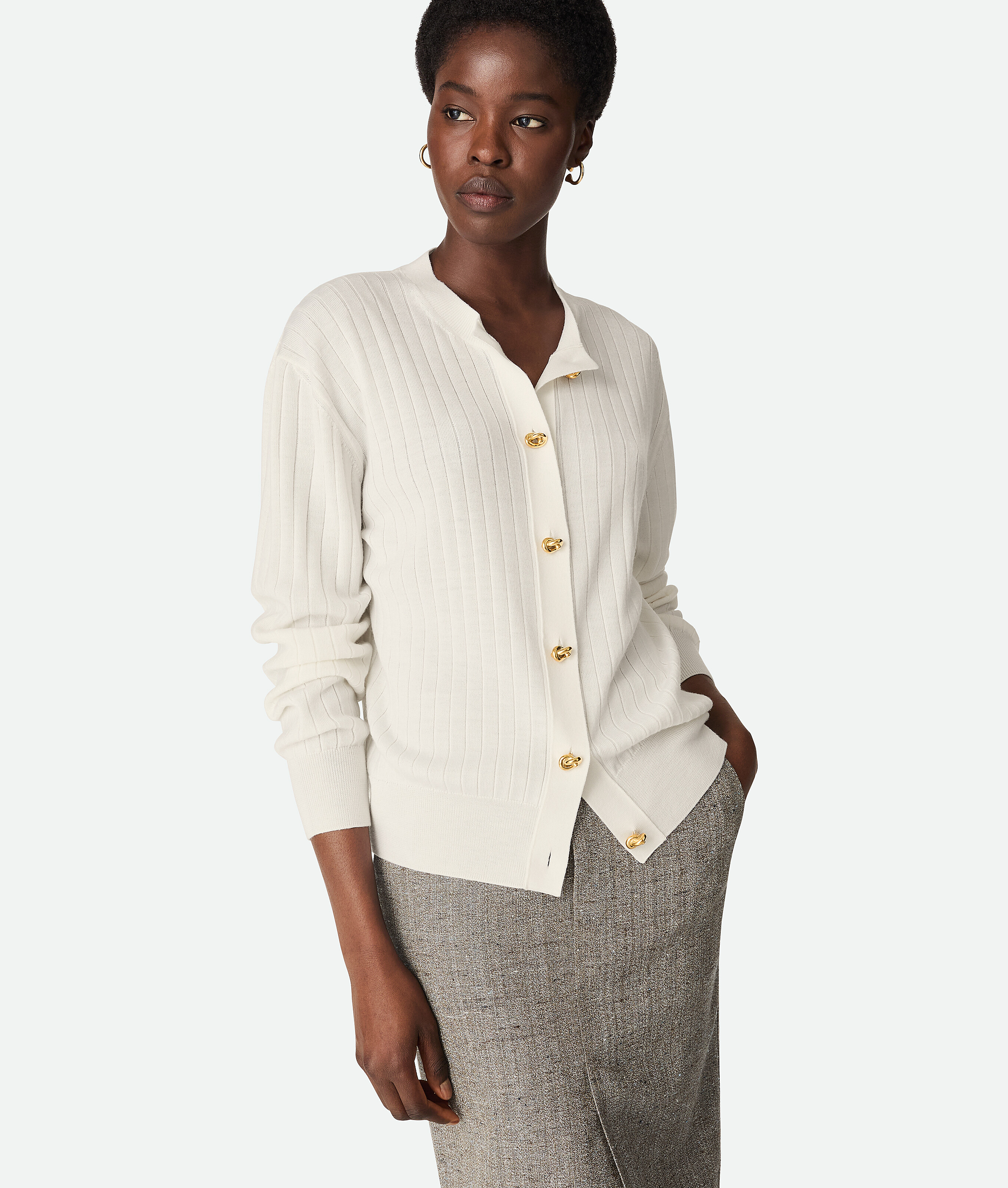 Bottega Veneta Wool Rib Cardigan - Chalk - Woman - L - Wool