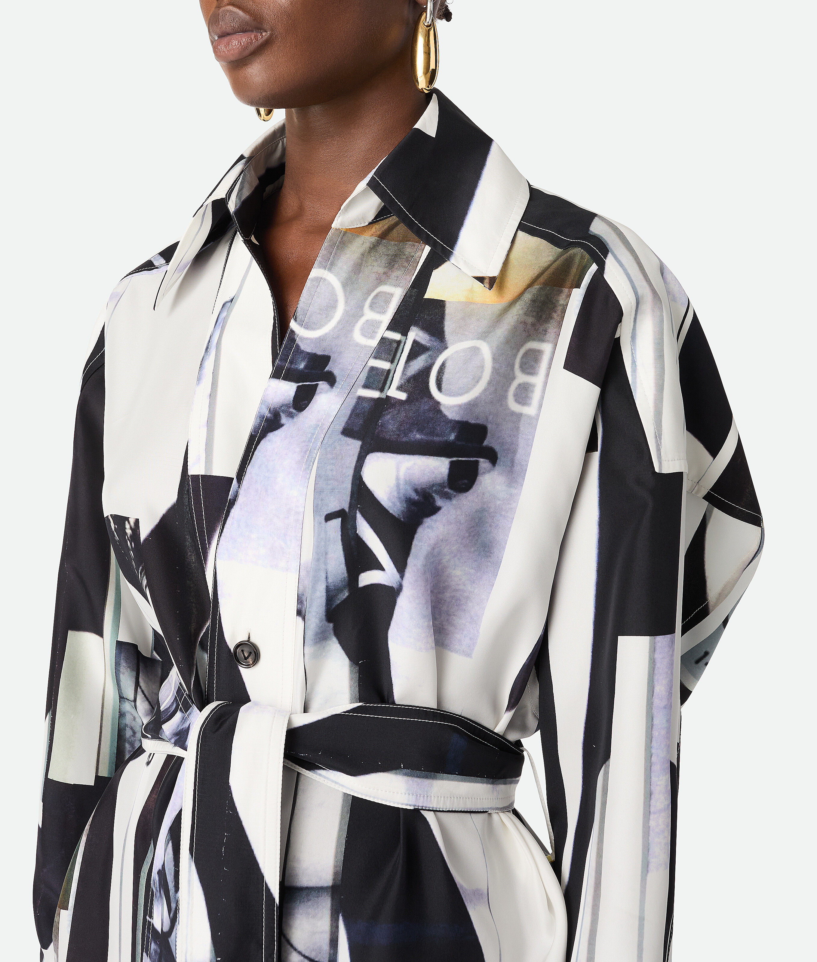 Bottega Veneta Print Long Sleeve Silk Shirtdress In Chalk/black