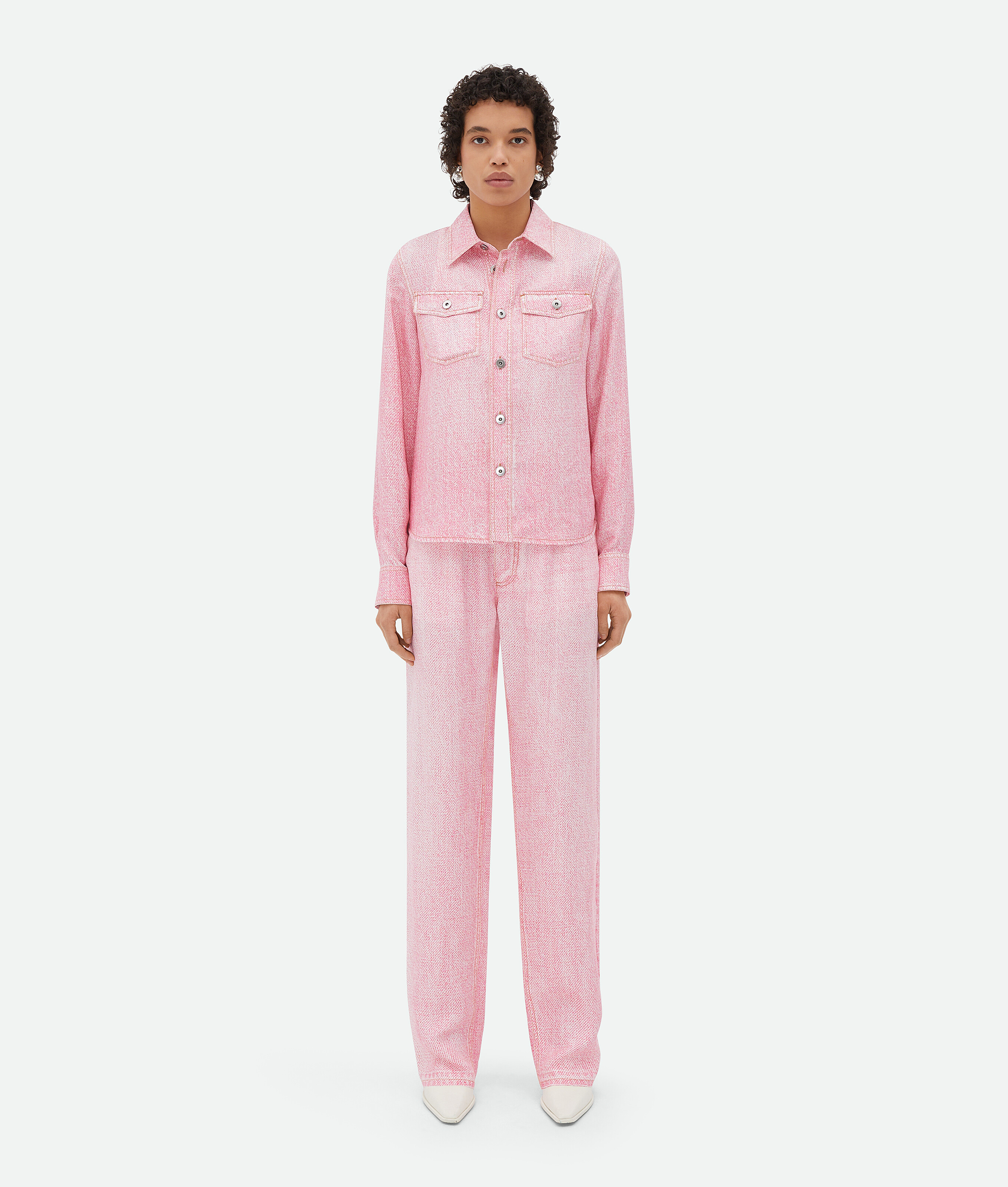 Shop Bottega Veneta Printed Denim Viscose Shirt In Pink