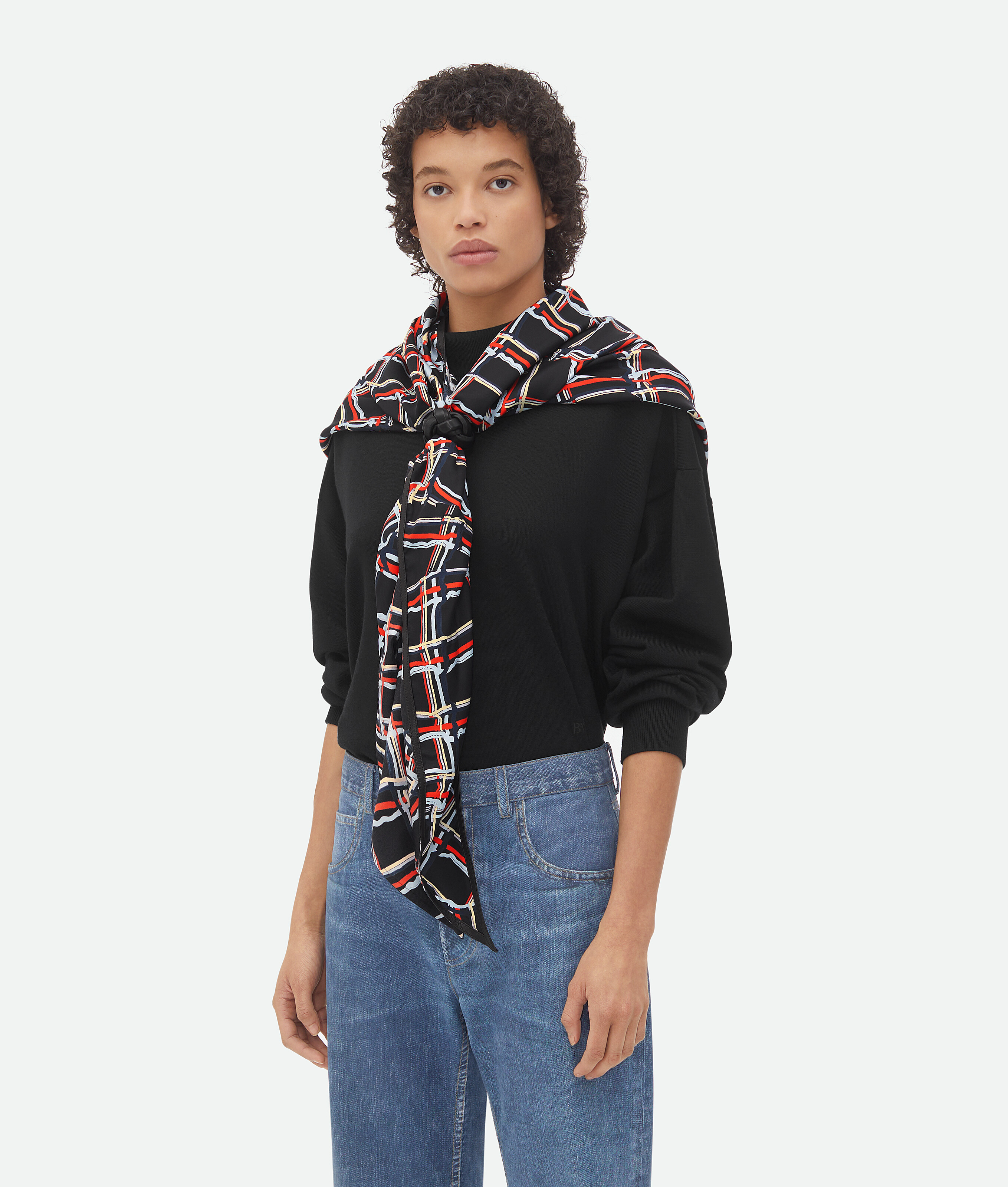 Bottega Veneta Distorted Check Printed Silk Scarf In Black/blue/red