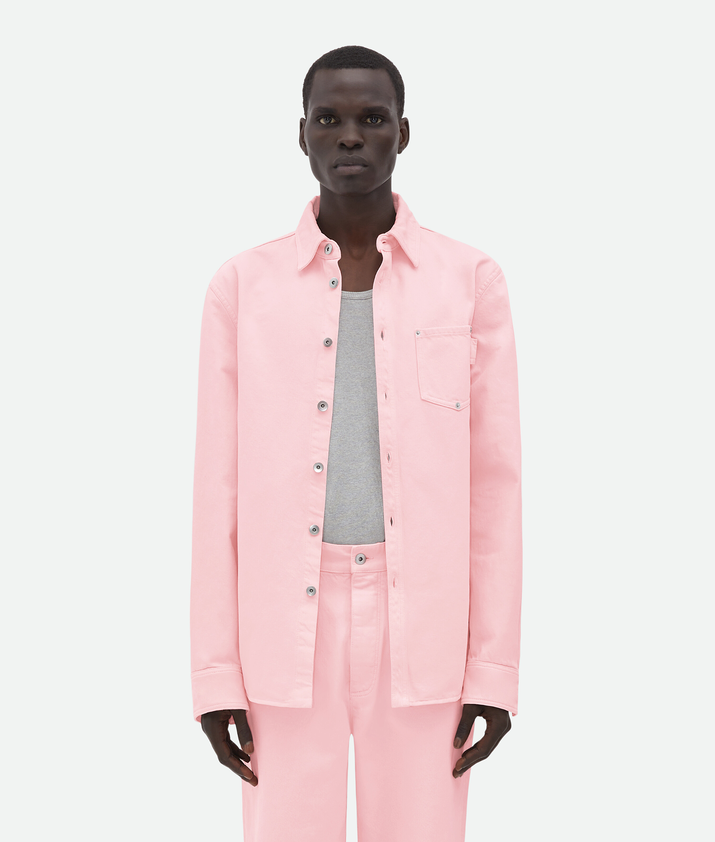 Shop Bottega Veneta Pink Wash Denim Shirt