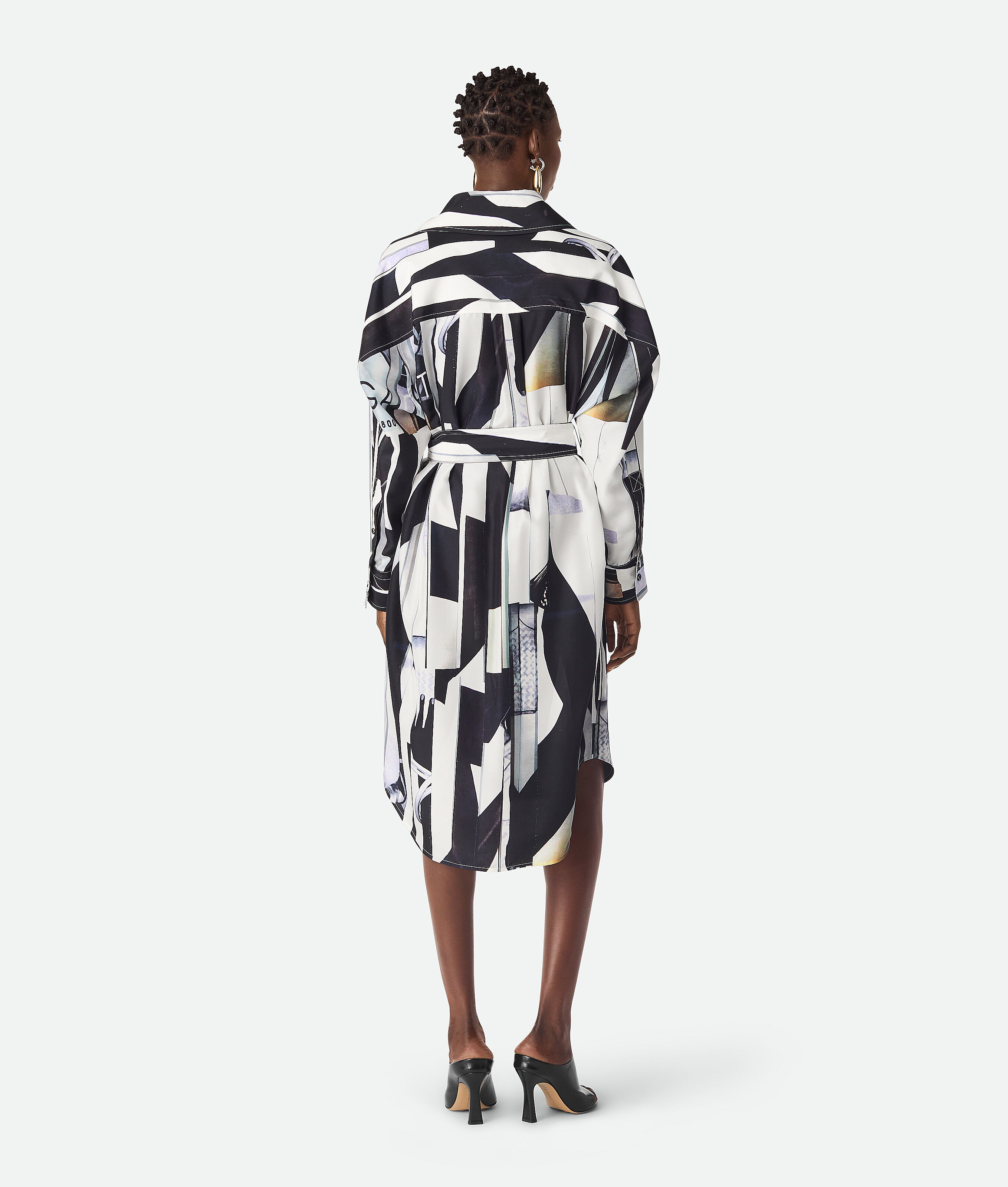 Bottega Veneta Print Long Sleeve Silk Shirtdress In Chalk/black