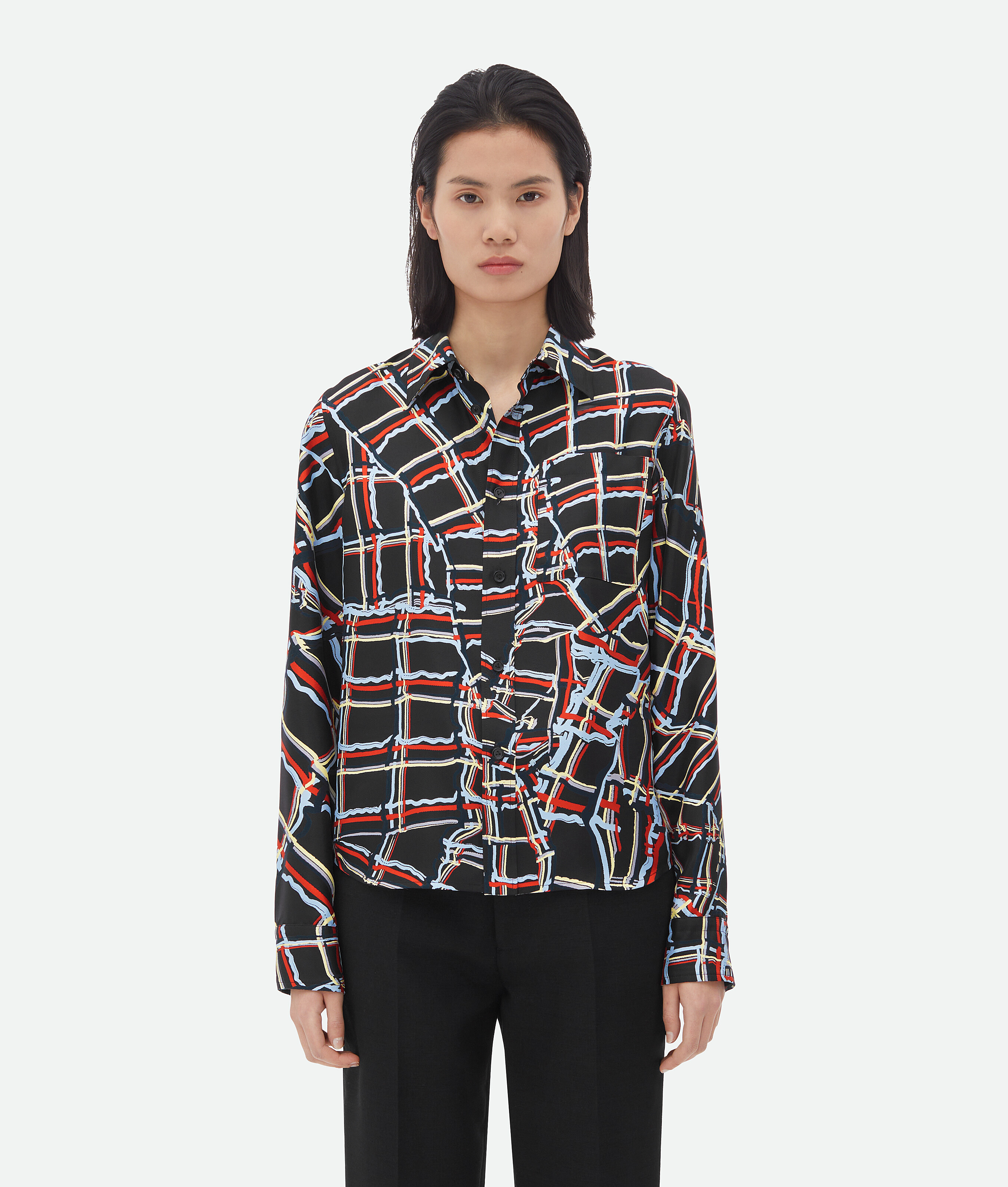 Bottega Veneta Distorted Check Printed Silk Shirt In Multicolor