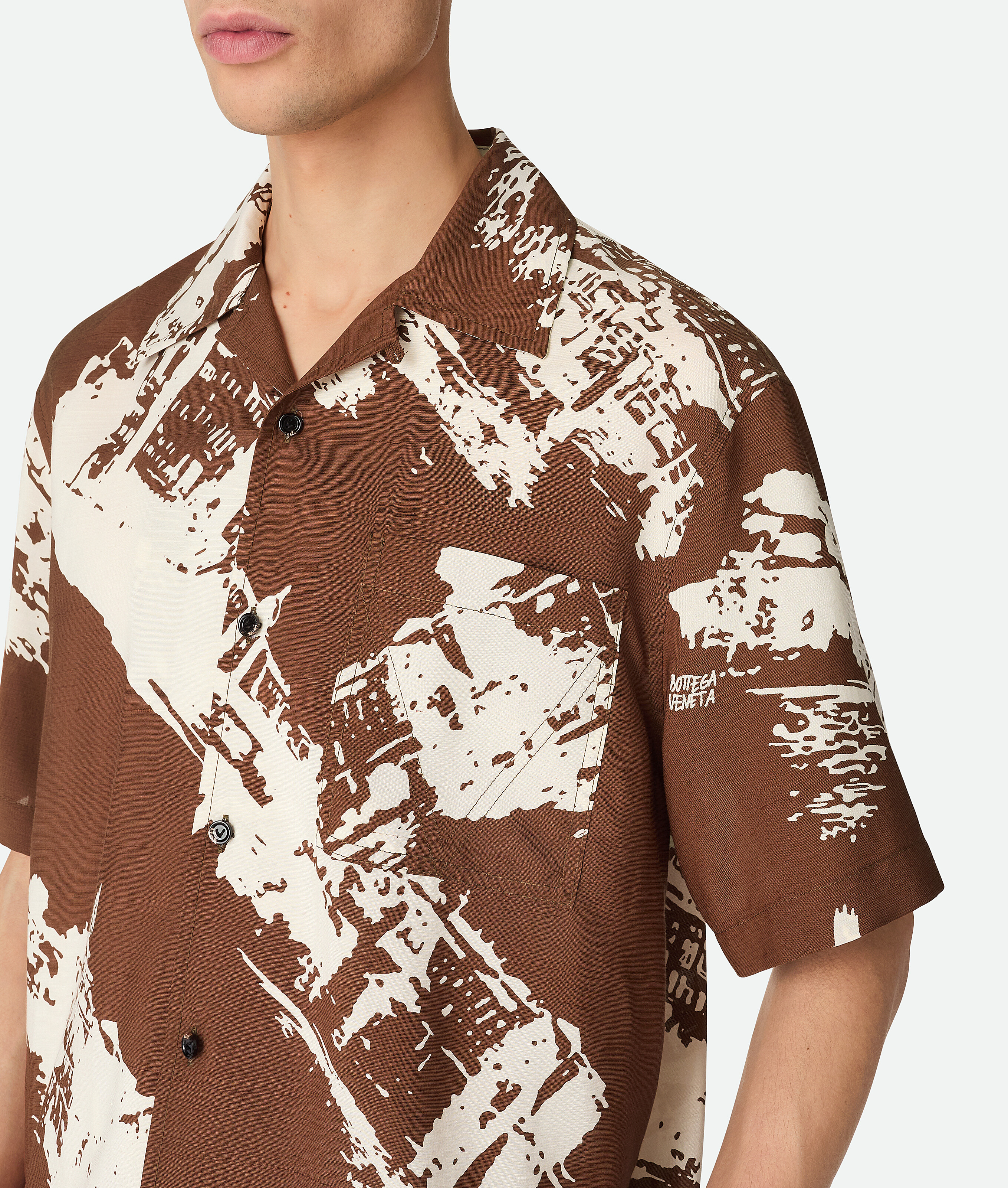 Bottega Veneta Postcard Print Silk Shantung Short Sleeve Shirt