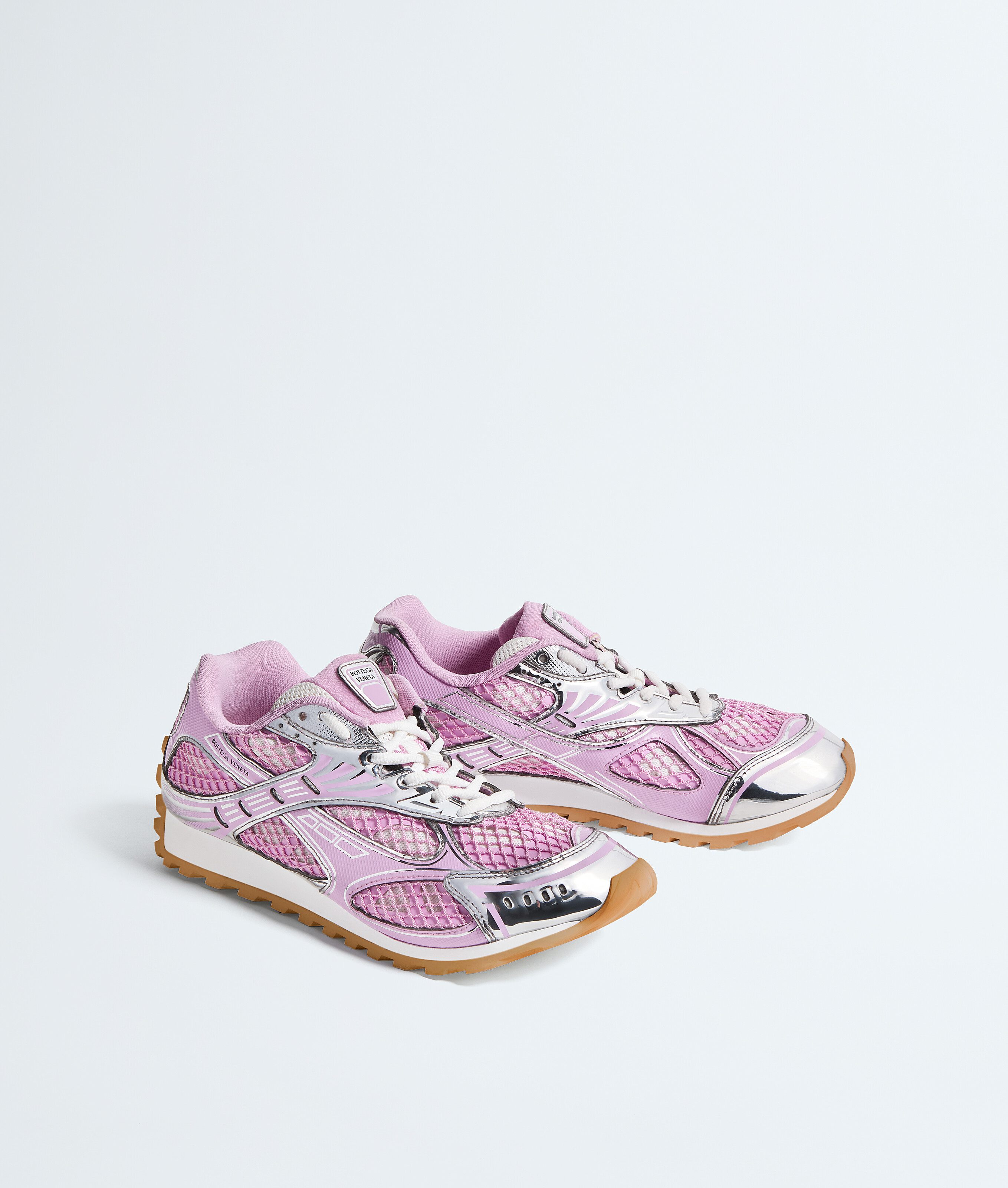 Bottega Veneta Women 'orbit' Pink Sneakers With Logo Lettering Print In Lightweight Techno Mesh Woma In Gloss/silver