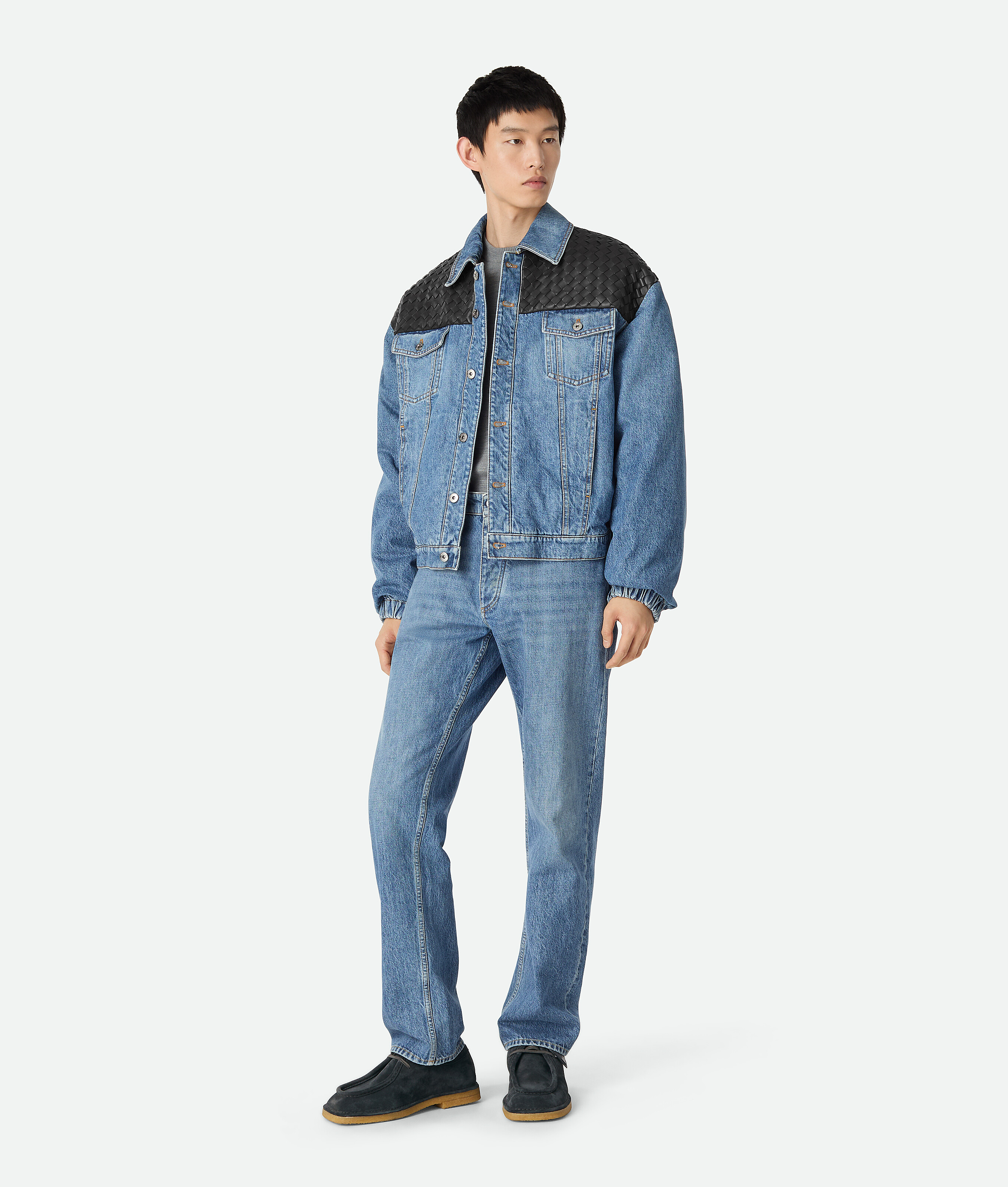Bottega Veneta Mens Mid Blue Vintage Woven-panels Denim Jacket In Blue