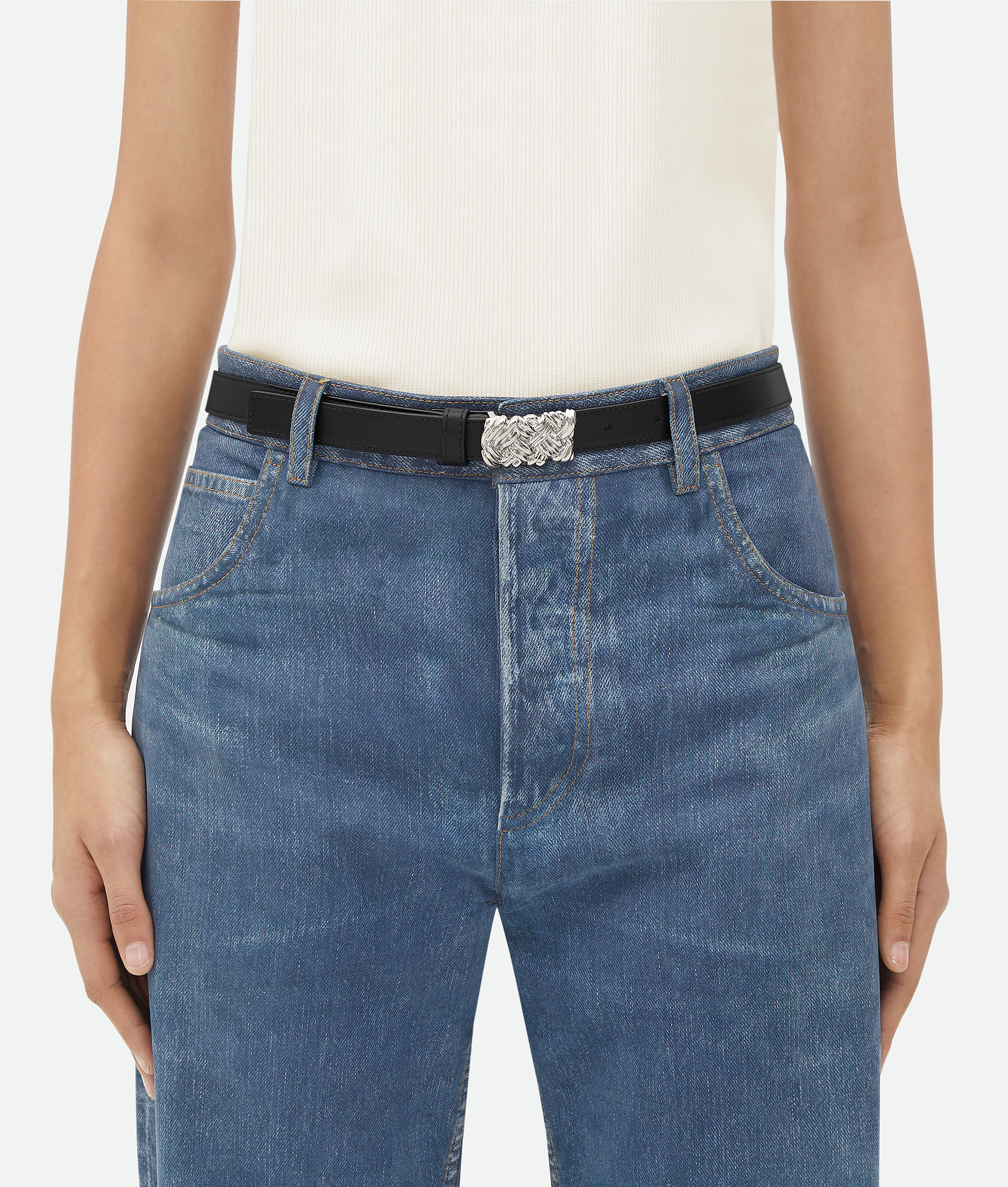 Bottega Veneta Leather Intreccio-buckle Belt In Black