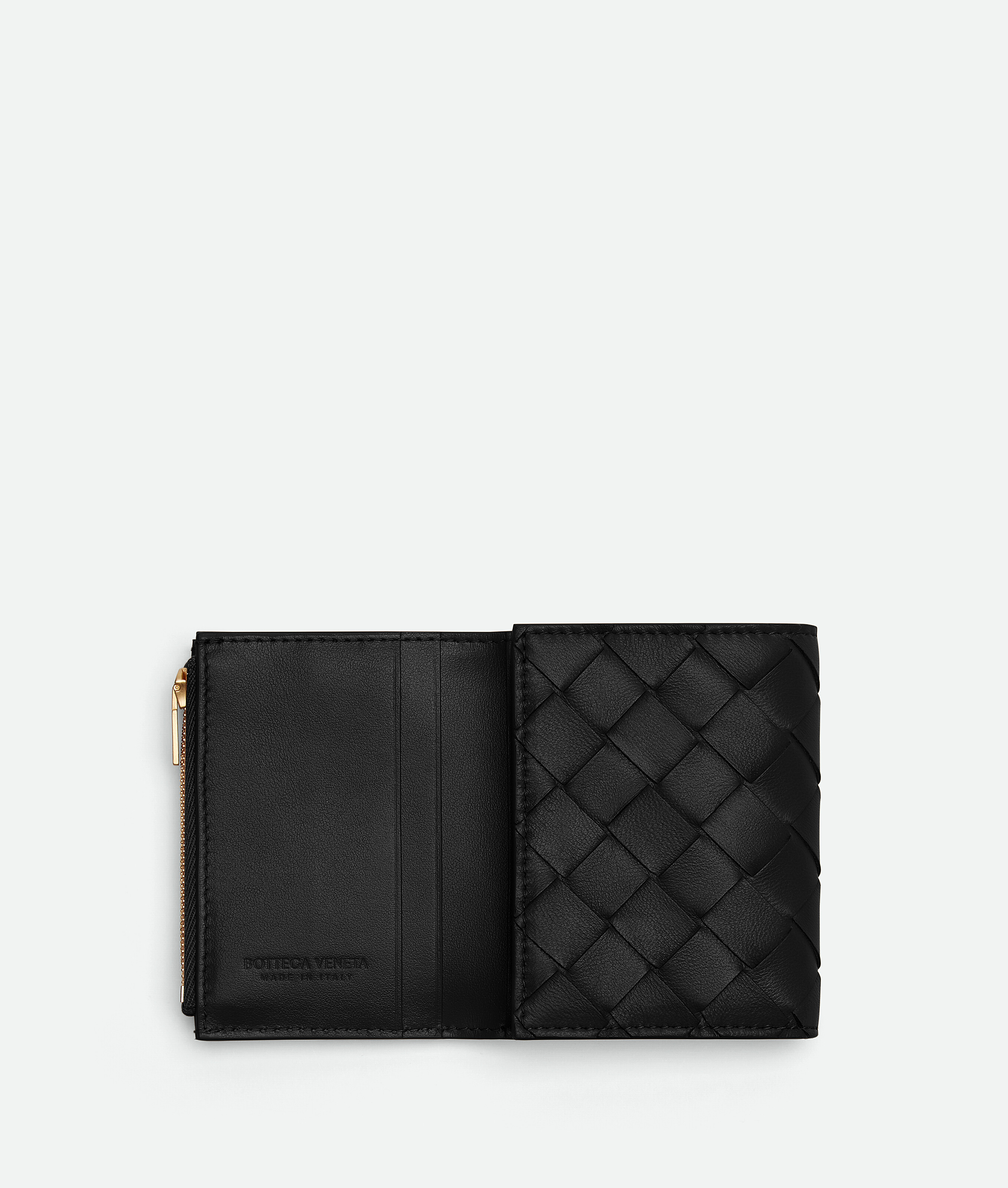 Bottega Veneta Small Intrecciato Tri-fold Zip Wallet In Black