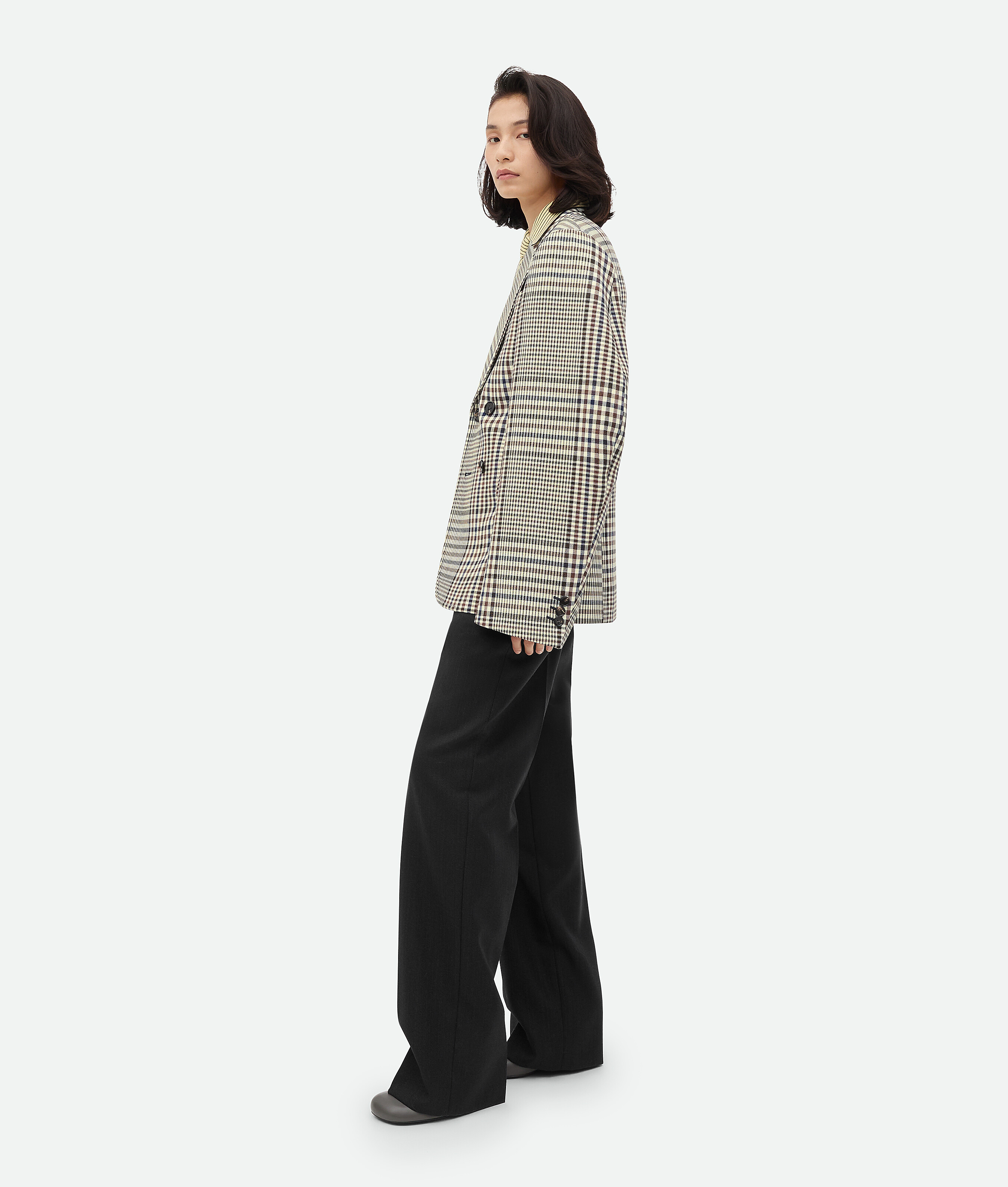Bottega Veneta Structured Check Cotton Jacket In Pollen/brown/navy