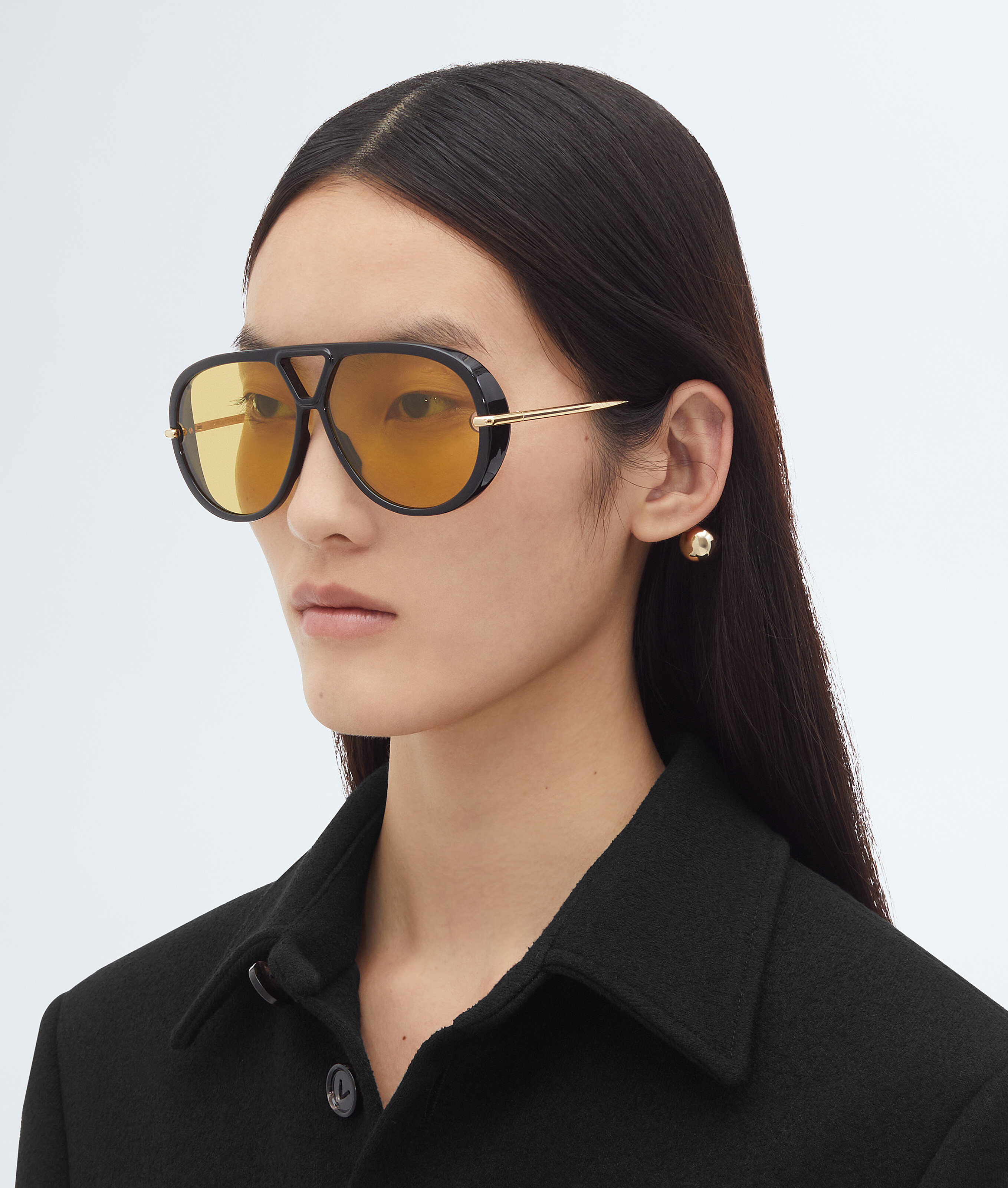 Bottega Veneta 'aviator' Black And Yellow Sunglasses With Metal Temples With Drop Detail In Recycled In Yellow