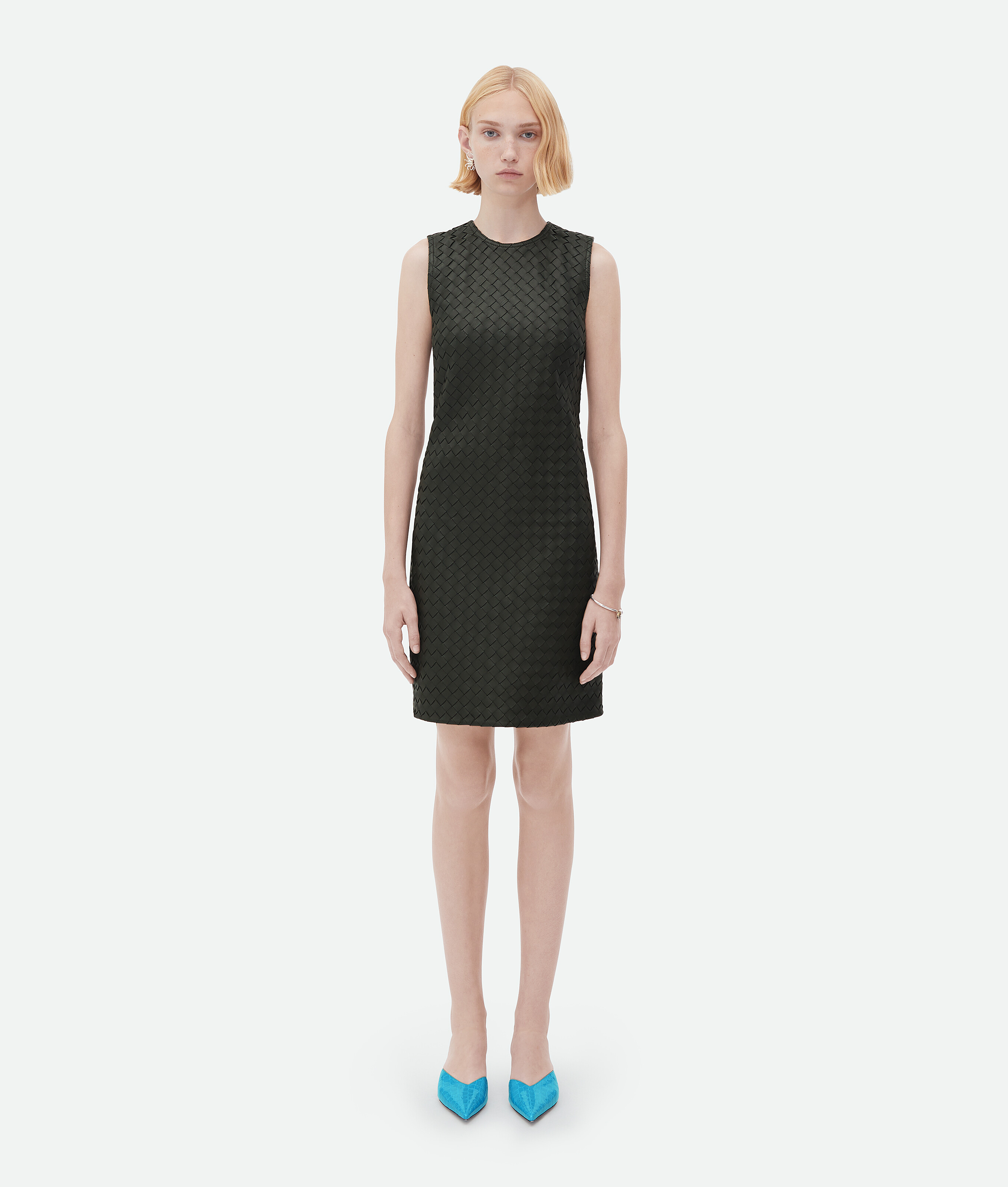 Bottega Veneta Leather Intrecciato Weave Mini Dress In Green