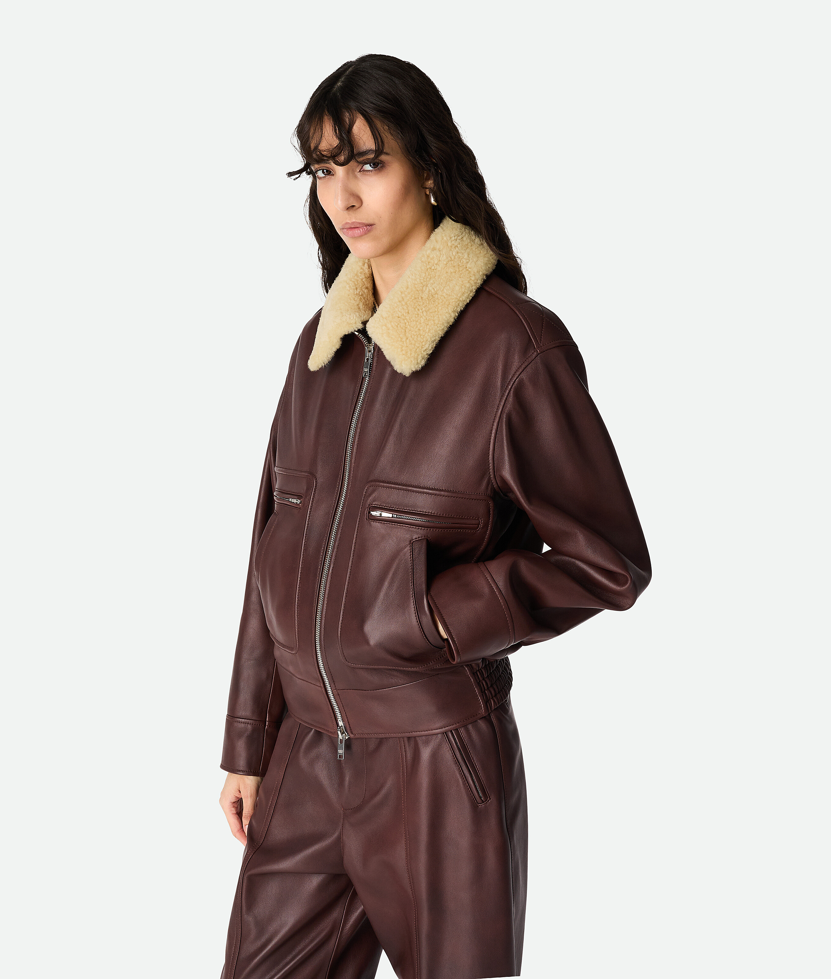 Bottega Veneta Brown Shearling Coat With Removable Fur Collar And Front Zip Closure In Leather Woman In Burgundy