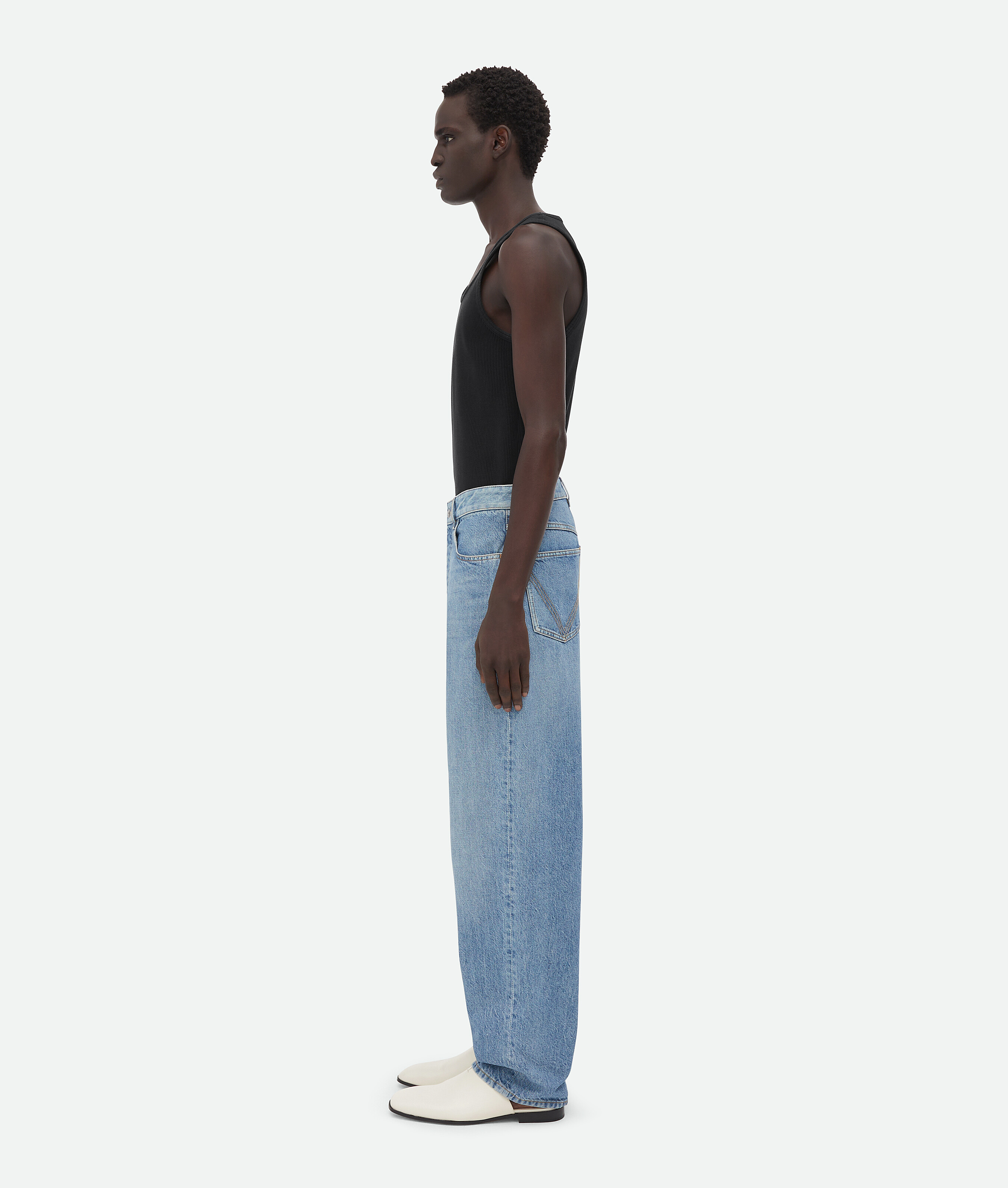 Bottega Veneta Straight Leg Denim Trousers Green Patch In Blue