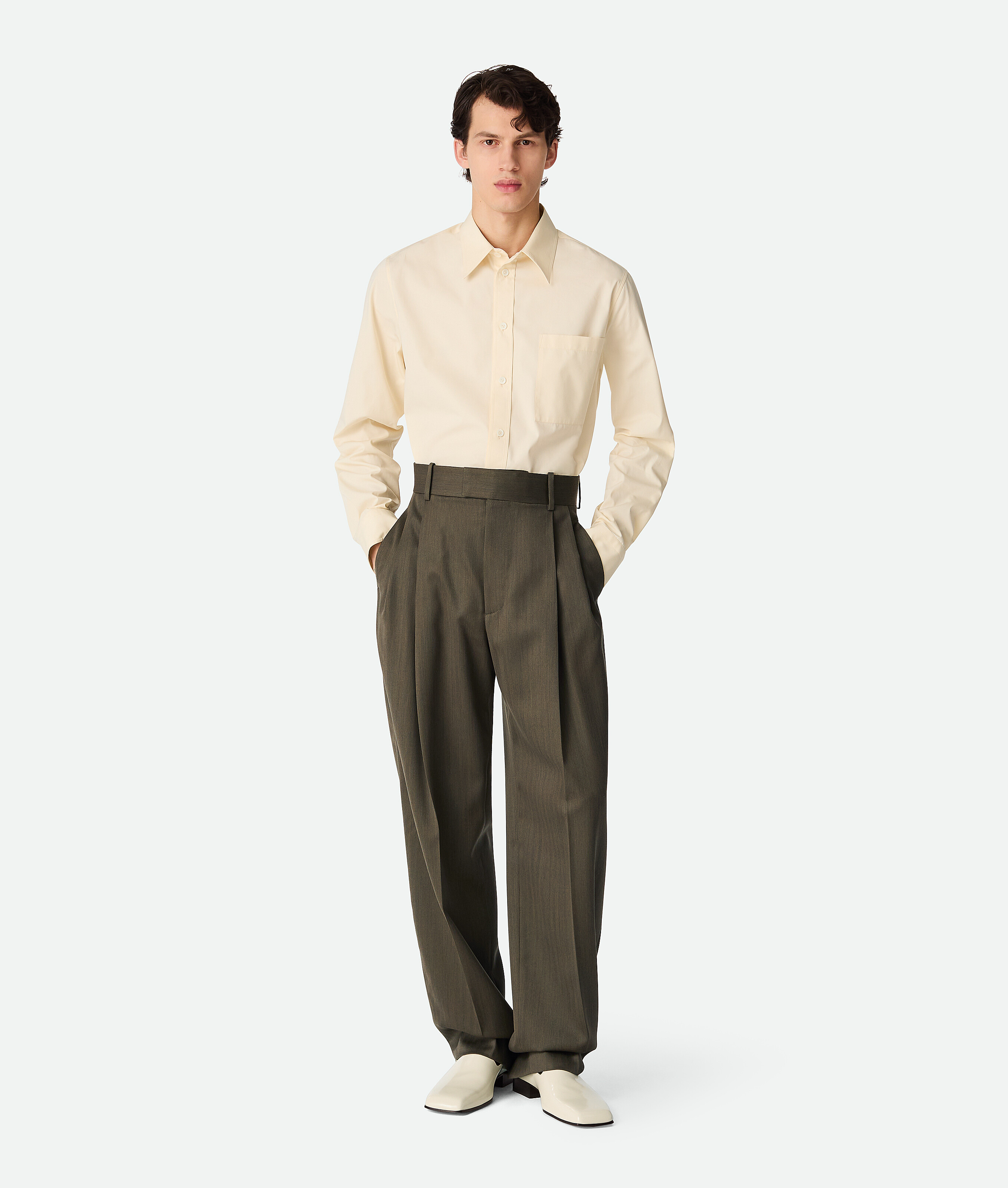 Bottega Veneta Leather Wide Leg Trousers In Forest/caper Melange