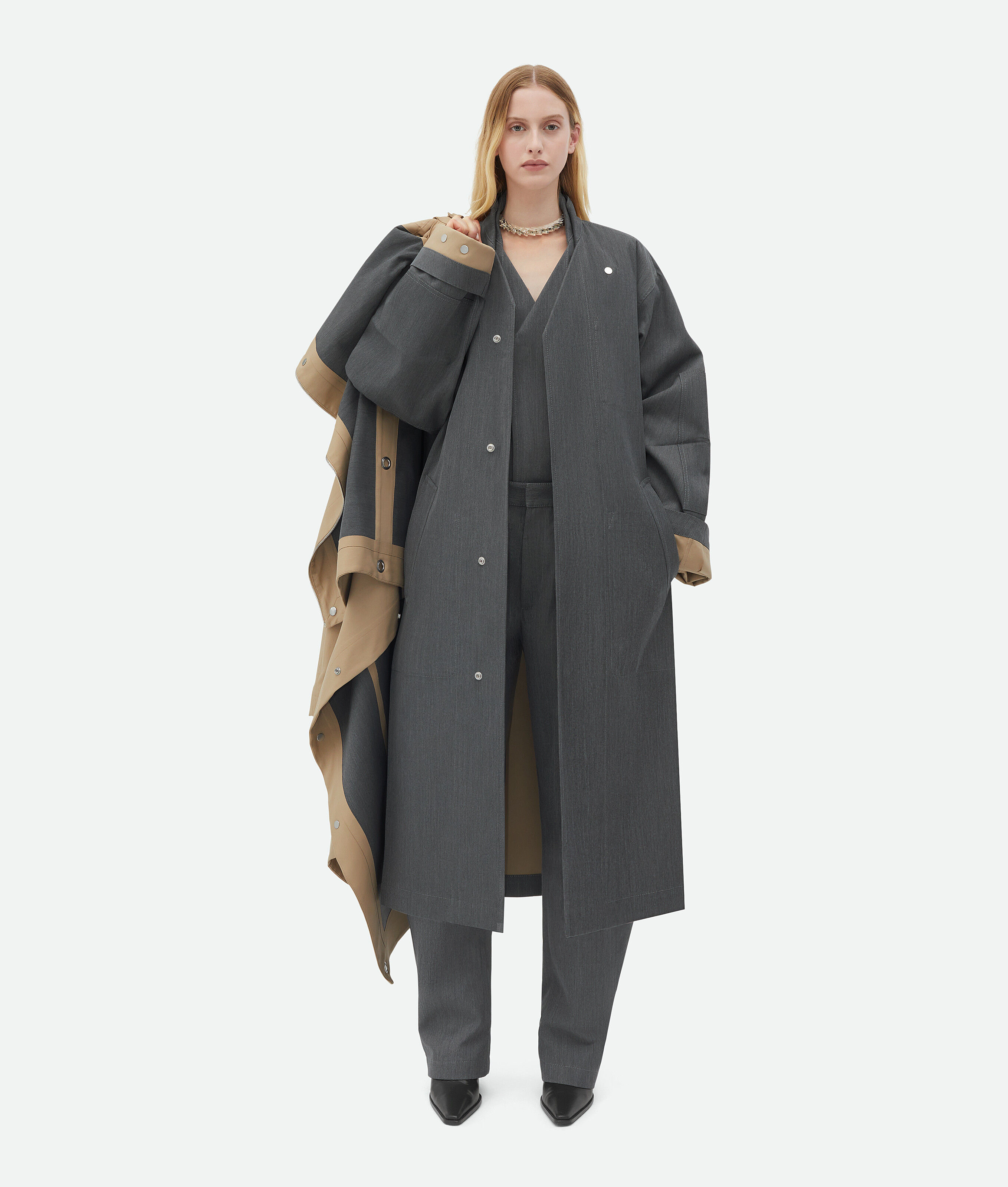 Bottega Veneta Bonded Wool And Cotton Tapered Trousers In Grey
