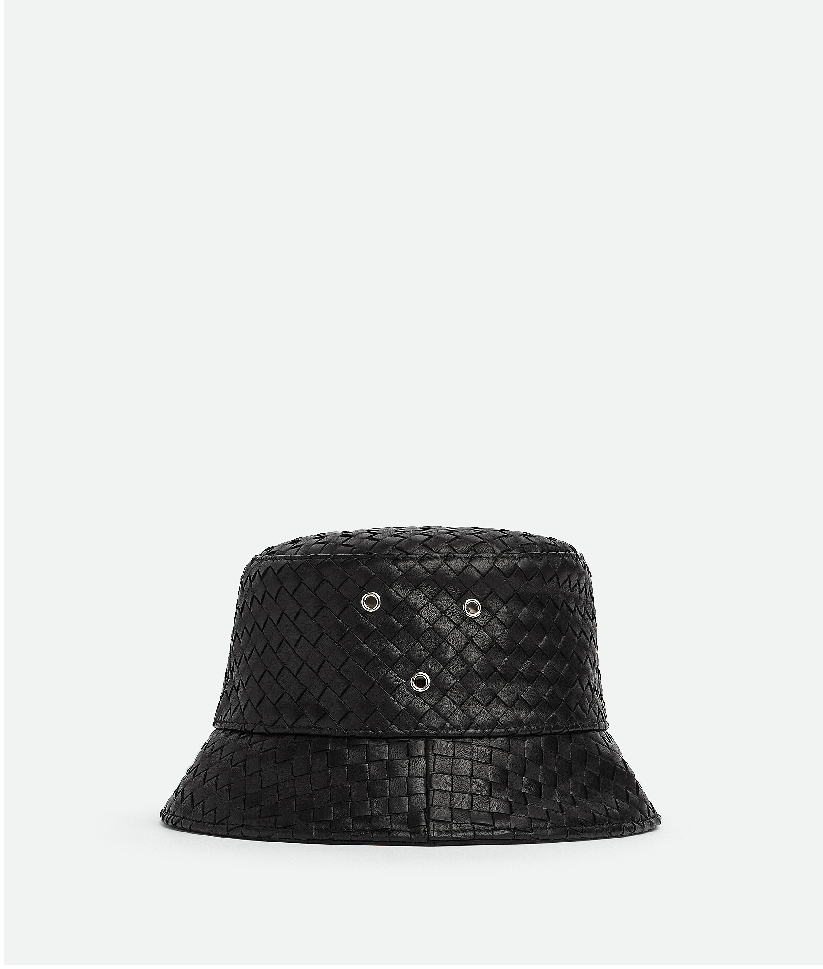 Bottega Veneta Black Bucket Hat With Metal Eyelets And Intreccio Motif In Leather Man In Black