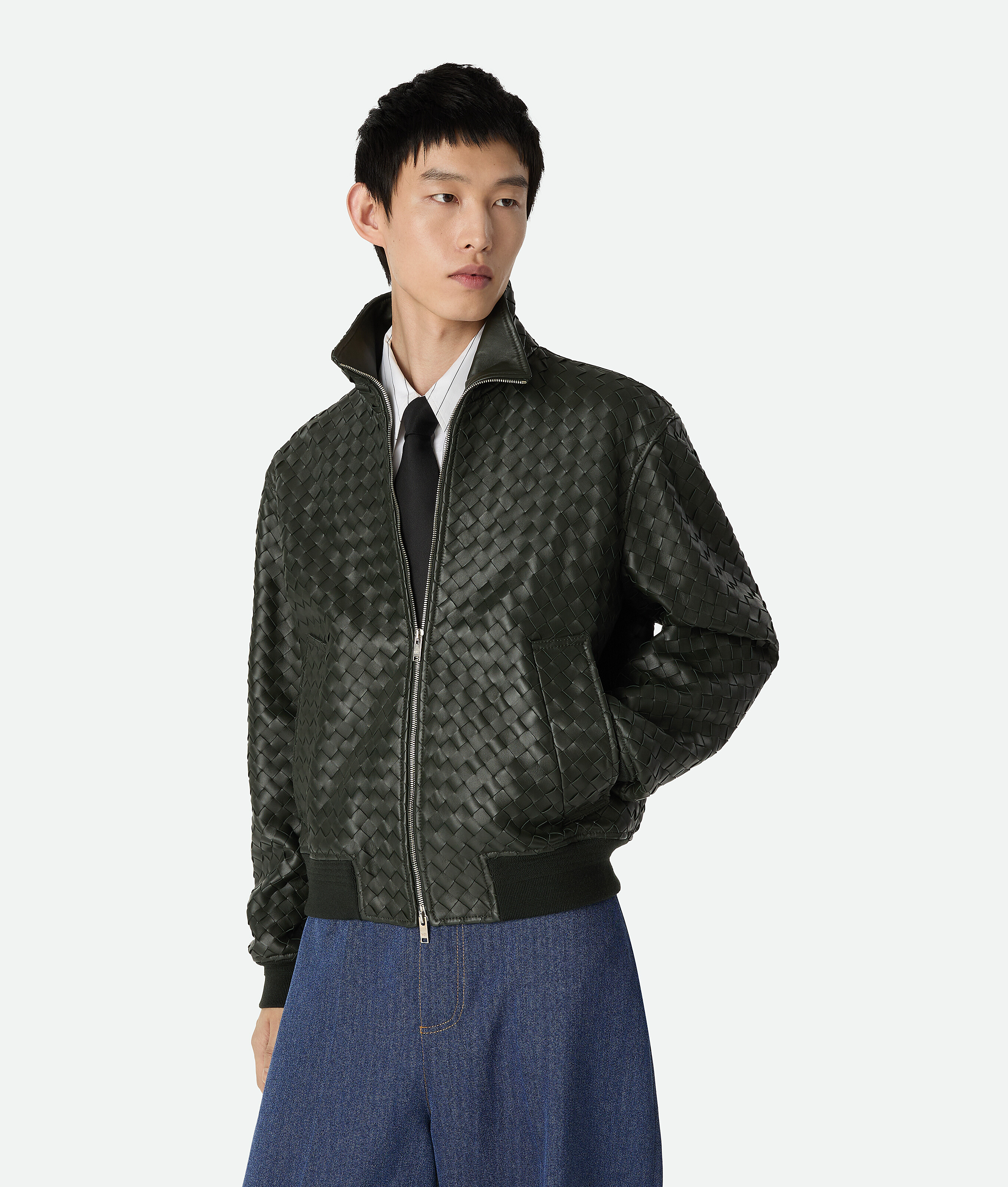 Bottega Veneta Blouson En Cuir Intrecciato In Green