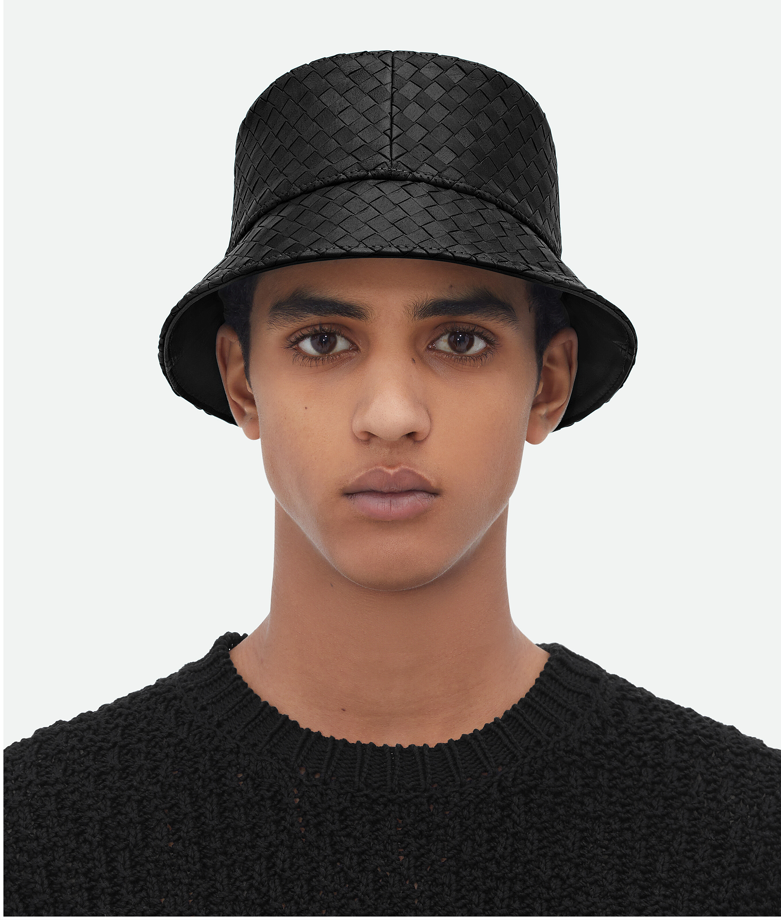 Bottega Veneta Black Bucket Hat With Metal Eyelets And Intreccio Motif In Leather Man In Black
