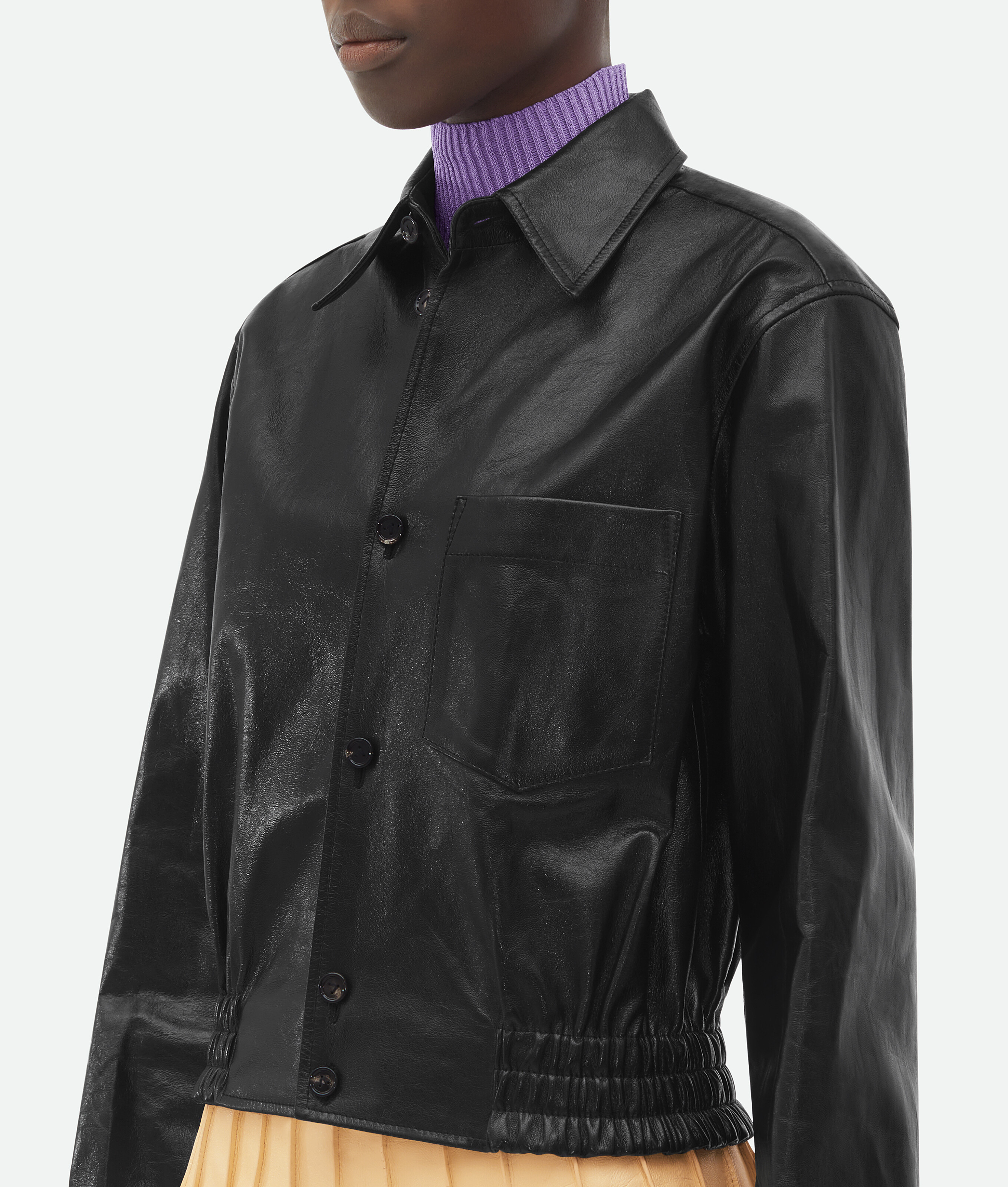 Shop Bottega Veneta Elastic Waist Leather Jacket In Black