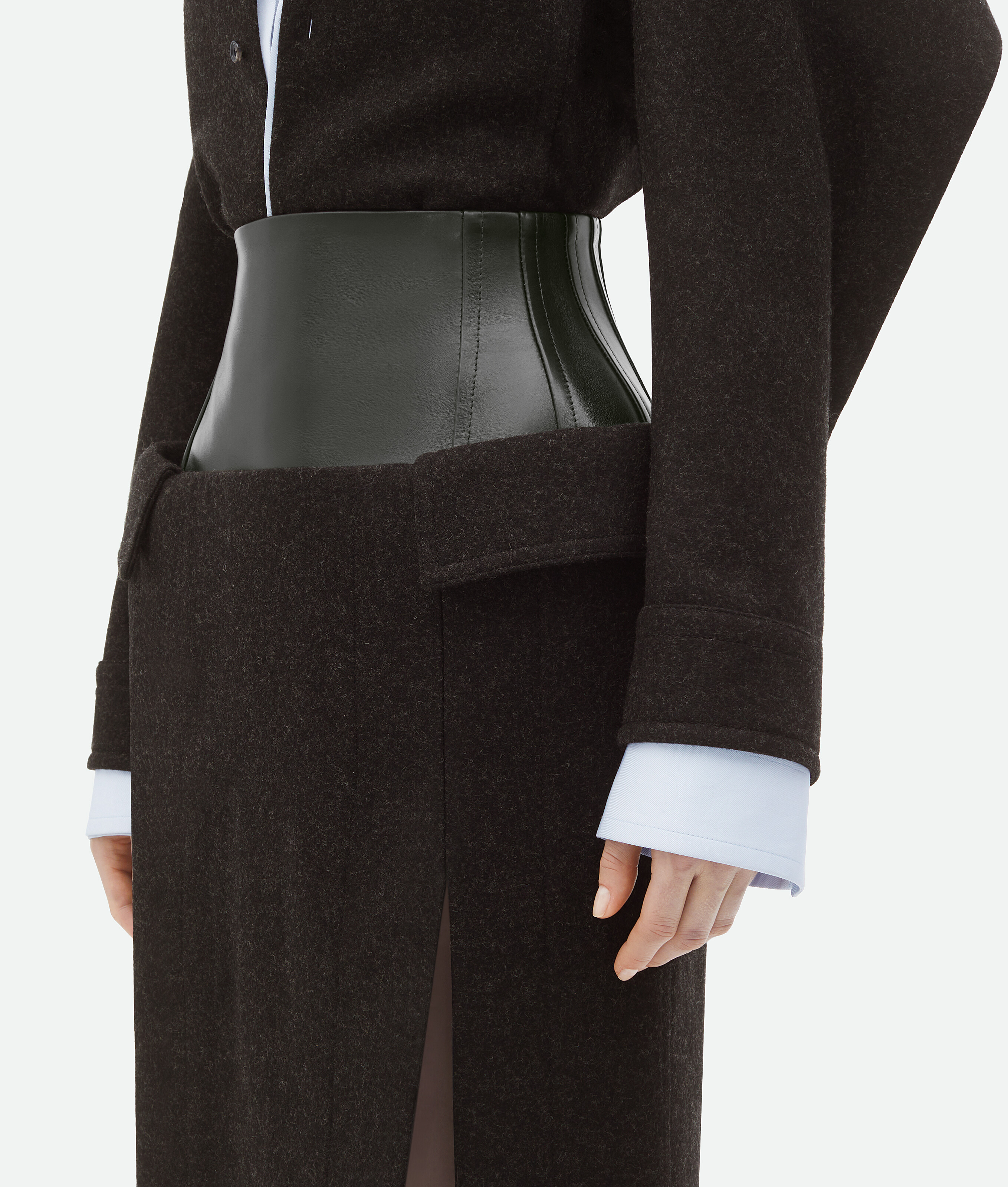 Shop Bottega Veneta Leather And Wool Midi Skirt In Black