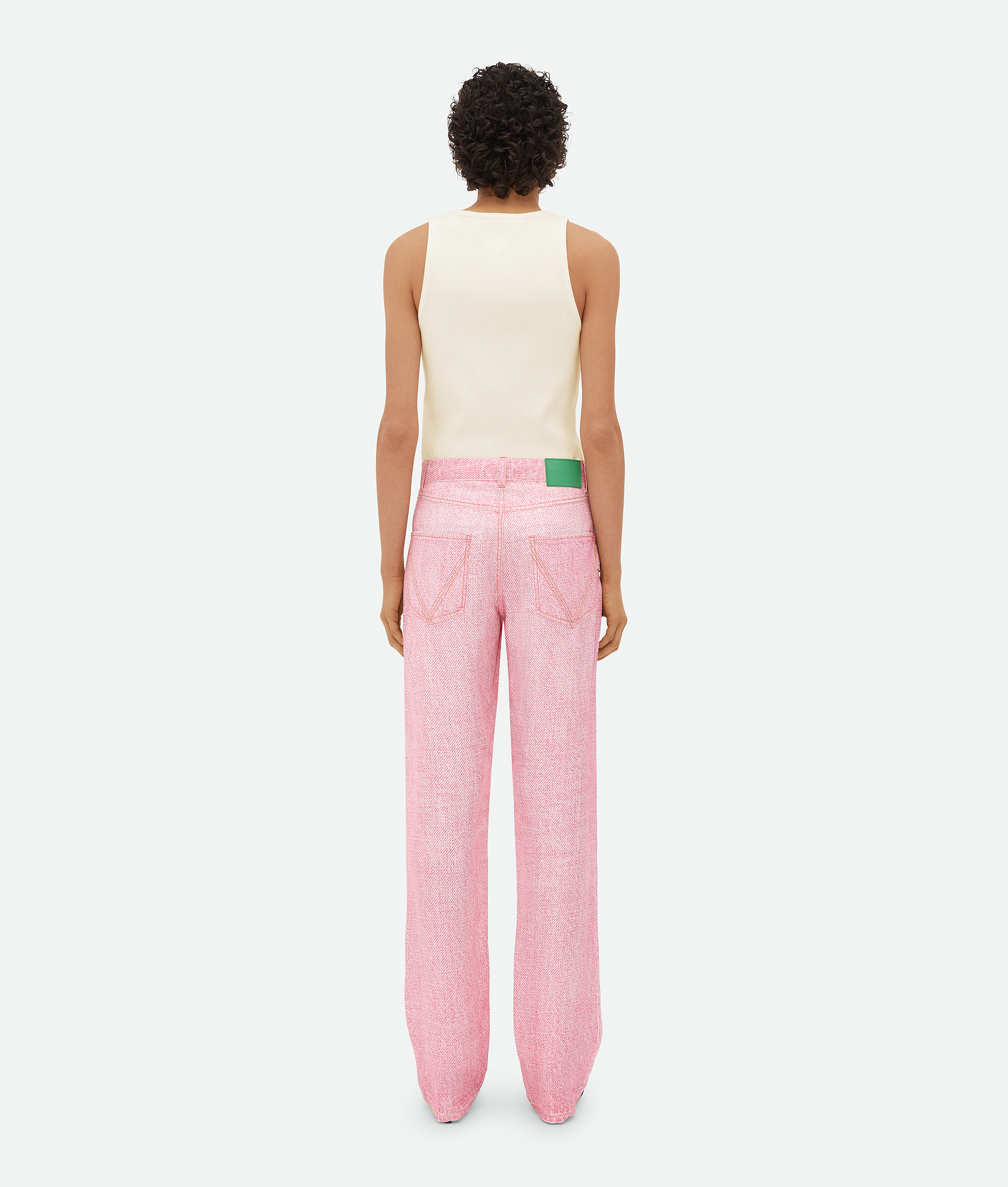 Shop Bottega Veneta Printed Denim Viscose Trousers In Pink